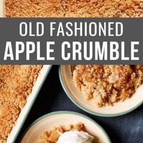 apple crumble in a bowl topped with vanilla ice cream and with text layovers.