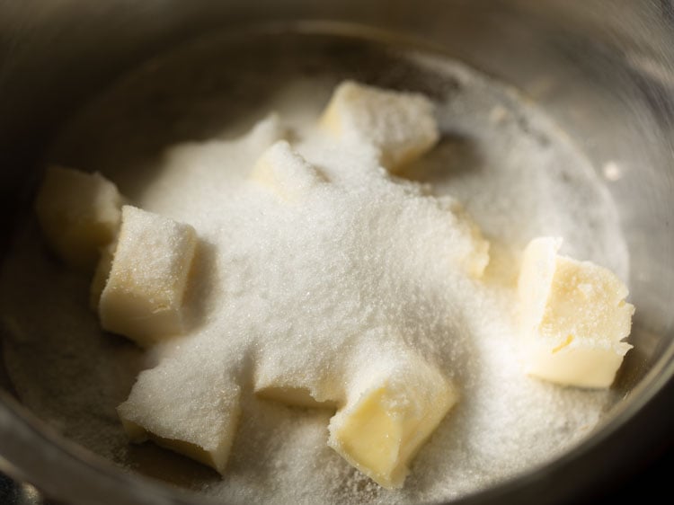 butter cubes and castor sugar in a mixing bowl