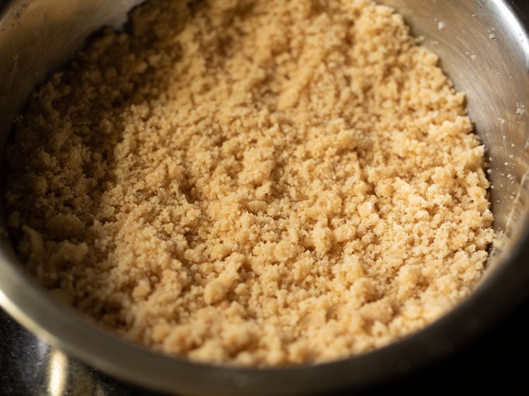streusel prepared in a mixing bowl for making apple crumble