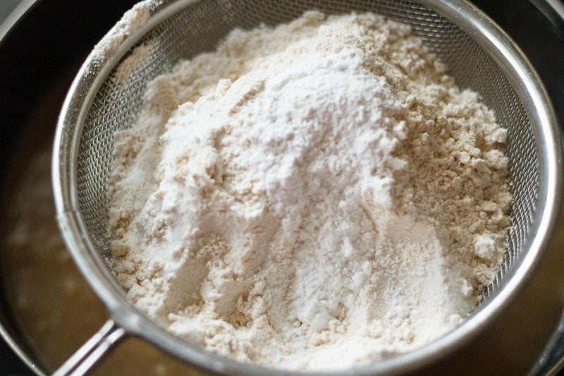 Top shot of flour mixture in sieve