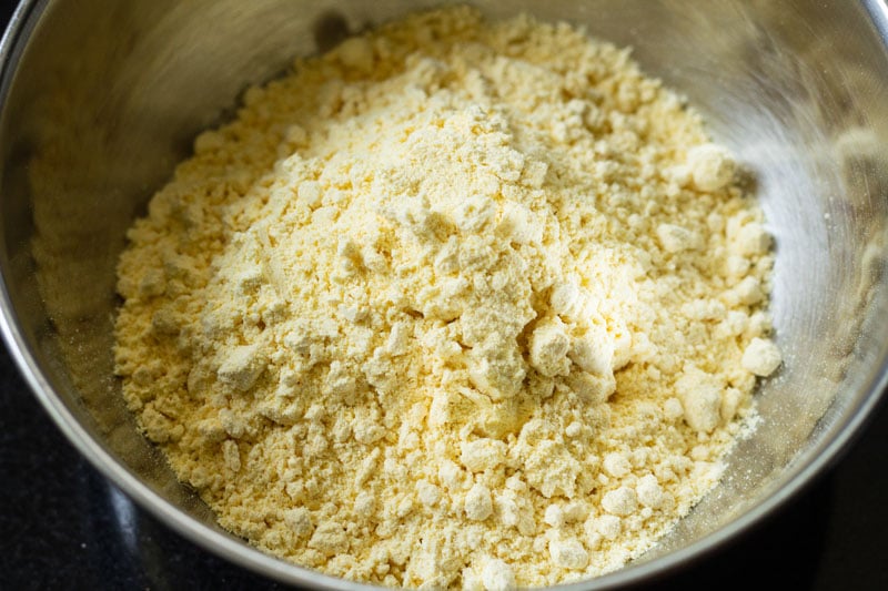 top shot of gram flour in mixing bowl