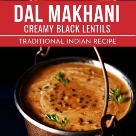 dal makhani garnished with coriander leaves and served in a fancy copper vessel with text layovers.