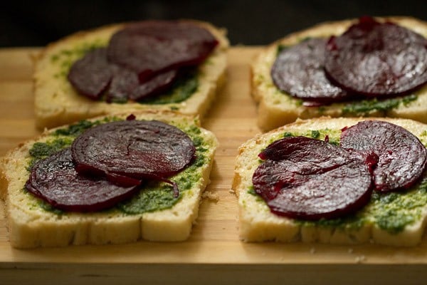 beetroot slices on bread slices for bombay sandwich. 