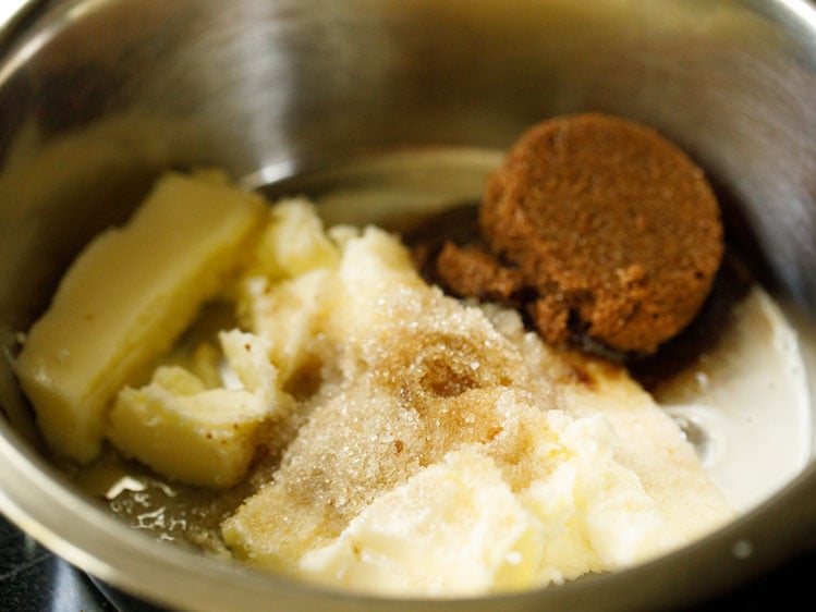 sugar, butter, milk, vanilla in a mixing bowl