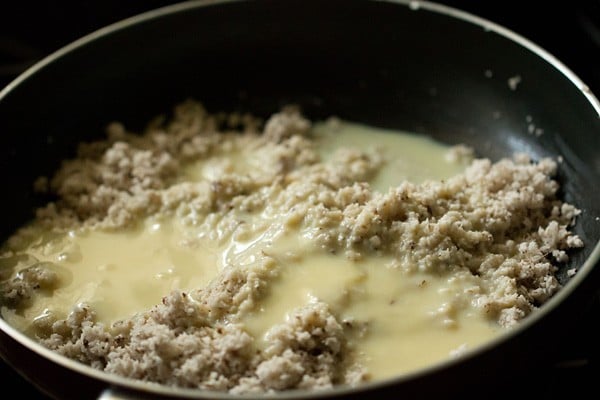 condensed milk and coconut in pan