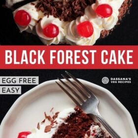 collage of two photos of black forest cake with text layovers