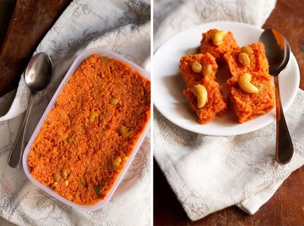 collage of carrot halwa in a box and gajar halwa squares in a white plate with a spoon by side