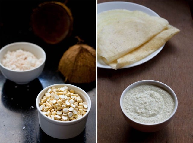 collage of hotel style coconut chutney recipe served in a bowl with dosa and roasted chana dal in a bowl