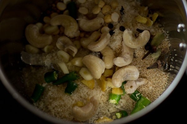 cashews, green chillies, garlic and ginger added to blender