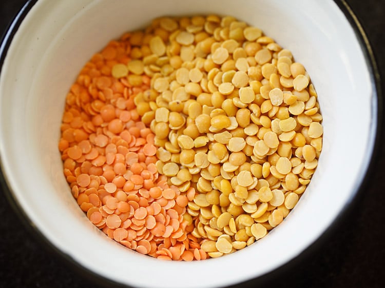 tuvar dal and masoor dal in a bowl