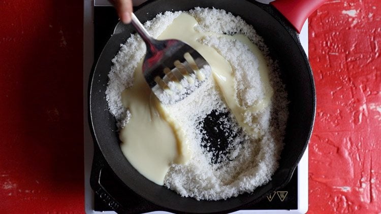 mixing condensed milk with coconut in skillet
