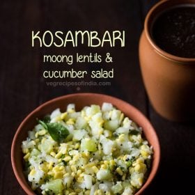 kosambari served in a earthen bowl with text layovers.