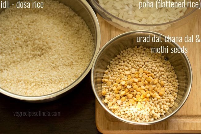 rice, poha and dal in bowls