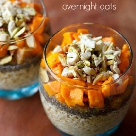 overnight oats served in 2 glasses with text layover.