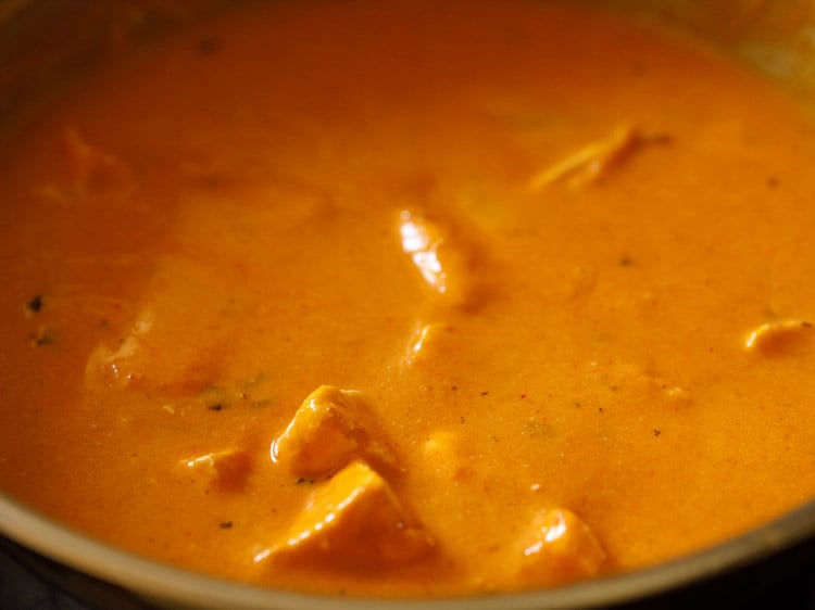 cream mixed evenly and paneer butter masala ready to be served