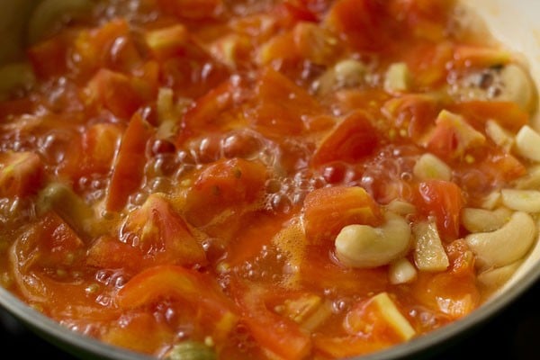 tomatoes and cashews being simmered in water