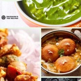 collage of four paneer dishes with text layovers