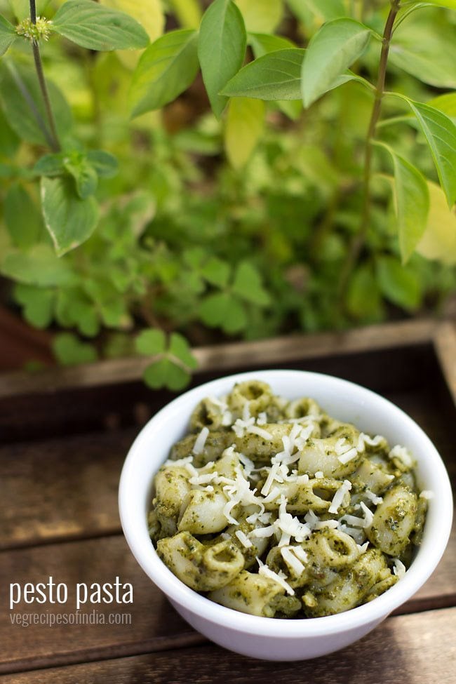 pesto pasta served in a white bowl topped with some grated parmesan on a dark brown wooden tray with a background of potted fresh green basil leaves