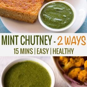 collage of two mint chutney photos with text layovers