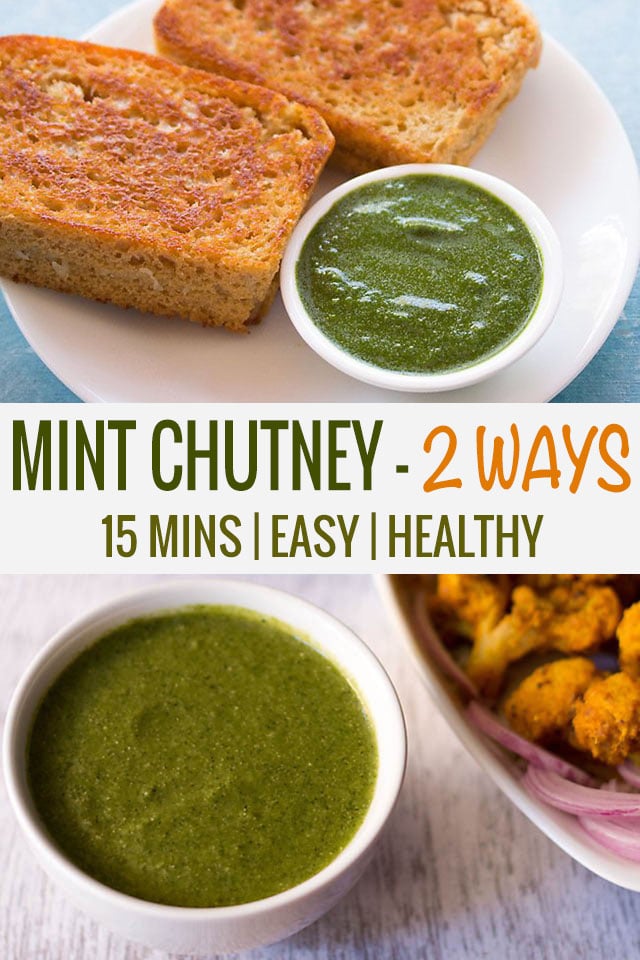 collage of two mint chutney photos with text layovers