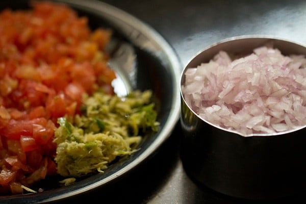 finally chopped tomatoes, onion and crushed ginger-garlic-green chillies kept aside for the rajma recipe