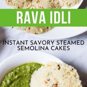rava idli served in a bowl of coriander chutney and some on a plate with text layovers.