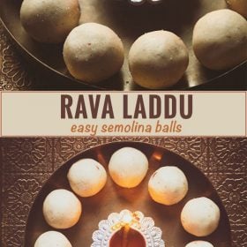collage of rava laddu or suji ke laddu with text layovers.