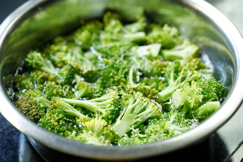 broccoli being blanched in hot water