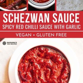 collage image of schezwan sauce in a white bowl and three steps to make it with text layovers