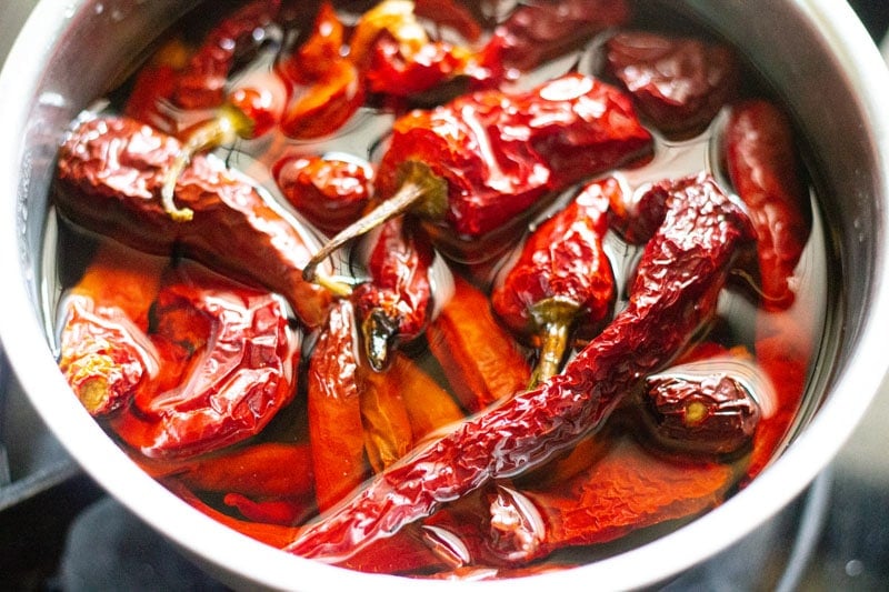 red chillies soaking in water