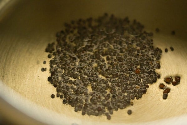 black mustard seeds being fried in oil in a stainless steel pressure cooker. 